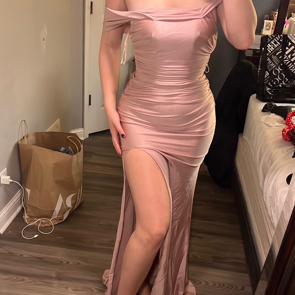 La Femme Long Prom Pink dress with slit